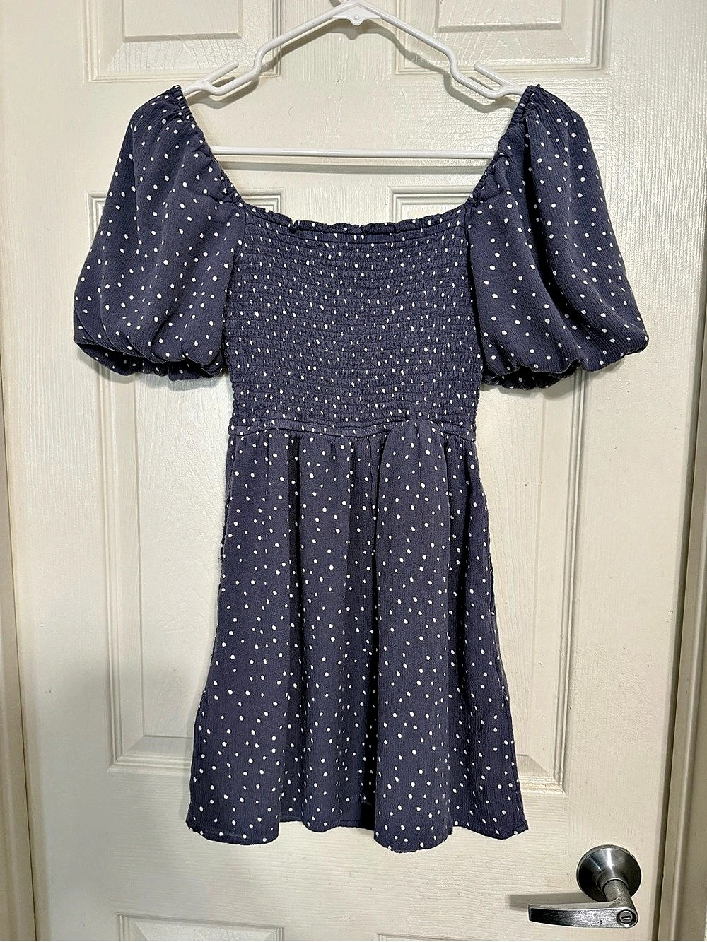 Abercrombie & Fitch Polka Dot Puff Sleeve Smocked Mini Dress Mini Dress Blue &